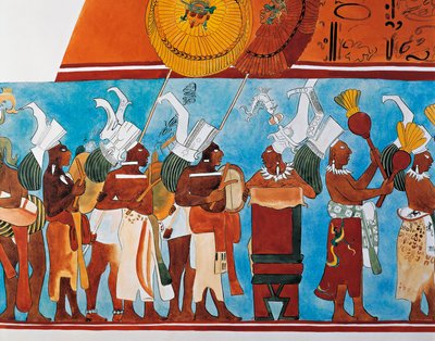 Reconstruction of the Bonampak frescoes showing a procession of musicians by Mayan