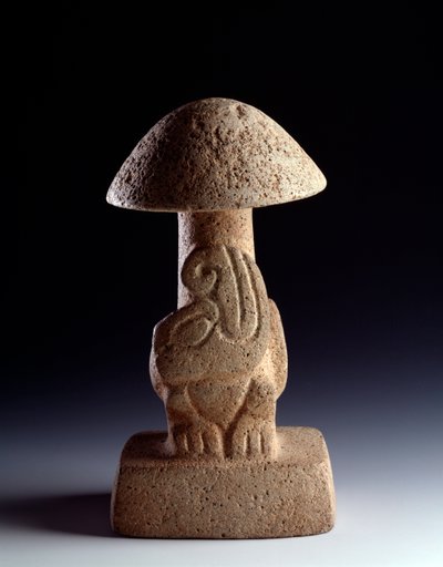 Pre-Columbian Art, Maya Civilization, Preclassical Period: Basalt Sculpture in the Shape of a Fungus with the Representation of a Stylized Serpent. From Kaminaljuyu, Guatemala by Mayan Mayan