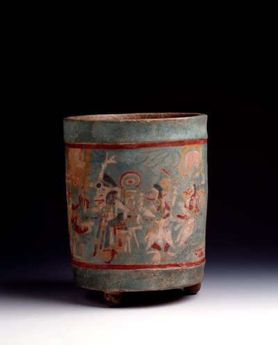 Pre-Columbian Art, Mayan Civilization, Classical Period: Cylindrical Vase in Polychrome Clay Decorated with a Ceremonial Scene with Characters in Procession. From La Lagunita, Quiche, Guatemala. Guatemala, Museo Nazionale di Archeologia by Mayan Mayan