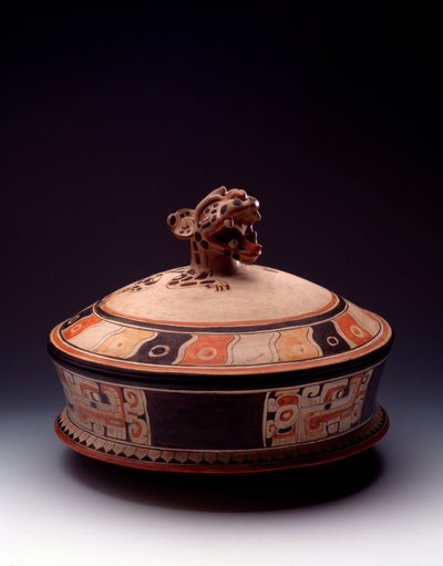Pre-Columbian Art, Mayan Civilization, Initial Classical Period: Clay Vase with Lid Decorated with a Jaguar Head. From Tikal, Guatemala by Mayan Mayan