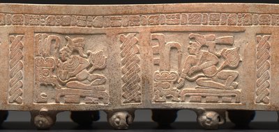 Tripod Cylinder, Carved: Enthroned Lord with Glyphic Text by Mayan Mayan