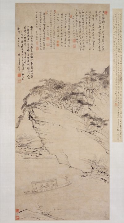 Boating on a River Beneath a Cliff, datable to 1673 by Mei Qing