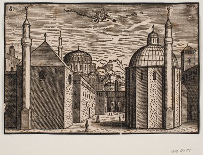 Three Mosques, Each with One Minaret; in the Sky a Flying Dragon with a Long Tail by Melchior Lorck