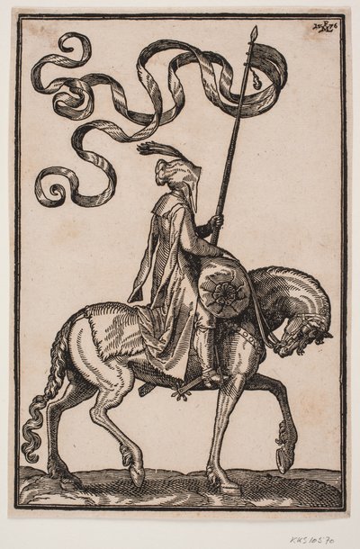 Mounted Standard Bearer, Profile to the Right; the Standard is Two-Pronged, the Rider Unarmed, with a Sausage-Shaped Baggage Sack on the Horse in Front of Him by Melchior Lorck