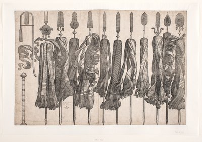 Eleven Religious Standards and Two (presumably) Wind Instruments by Melchior Lorck