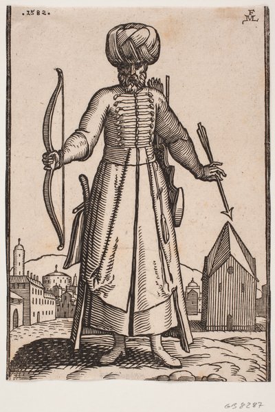 Frontally Seen Turbaned Soldier with Outstretched Arms, Standing in an Open Space in a City; in His Right Hand He Holds a Bow, in His Left an Arrow; Behind His Left Shoulder a Quiver, by His Right Side a Saber by Melchior Lorck