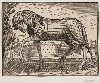 Horse Covered with Caparison, Profile to the Left, Tethered to a Tree; in the Background a Town with a Conical Castle in a Circular Moat by Melchior Lorck