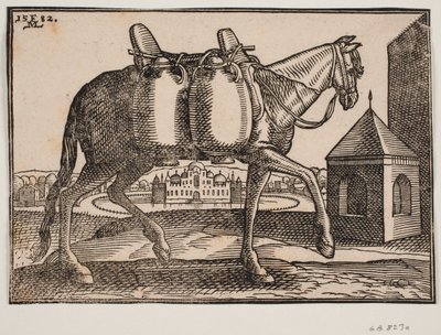 Horse, profile view; on its visible side hang two ceramic containers; in front of the horse a square well with a pointed roof, behind the horse a castle with battlements and domes, surrounded by a circular, water-filled moat by Melchior Lorck