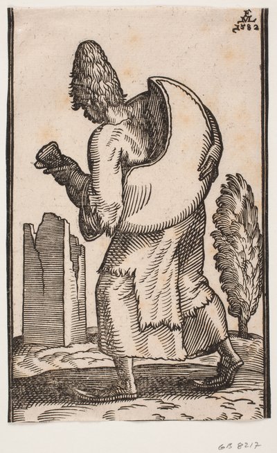 Man Walking to the Left, Seen from Behind; Carrying a Leather Water Bag on His Back by Melchior Lorck