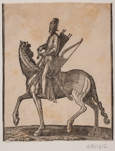 Mounted Soldier, Profile Towards the Right; He Carries His Sword and Bow at His Left Side and the Quiver on His Right by Melchior Lorck