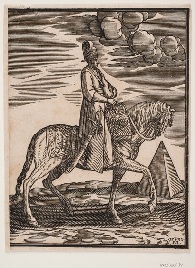 Rider with a Flask Around His Neck, Profile Towards the Right; a Sword at His Right Side and Baggage in Front of Him, Draped Across the Saddle; to the Right, in the Background, a Pyramid by Melchior Lorck