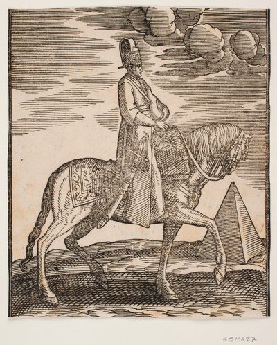 Rider with a Flask Around His Neck, Profile Towards the Right; a Sword at His Right Side and Baggage in Front of Him, Draped Across the Saddle; to the Right, in the Background, a Pyramid by Melchior Lorck