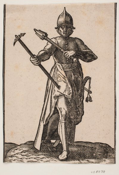 Standing Helmeted Soldier, Front View; in Right Hand a War Hammer, in Left Hand a Club, Rear Leg and Foot Twisted in Relation to the Front; at Left Side a Sword by Melchior Lorck