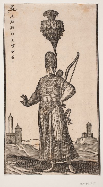 Standing Soldier, Front View, Head Turned to the Right; He Carries a Bow Over His Left Arm, a Quiver on His Back, and a Sword at His Left Side; He Coyly Stretches His Right Arm Backwards; in the Background to the Right and Left Two Fortress-Like Buildings by Melchior Lorck