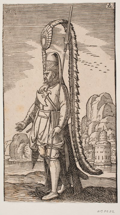 Standing Soldier by a Rocky Coast, Beyond the Water a City; His Headgear Adorned with an Extremely Long Feather Decoration by Melchior Lorck