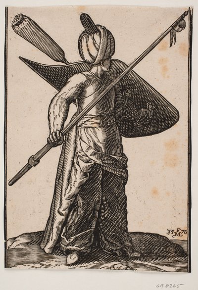 Standing Soldier, Facing Right; Wearing a Turban, Holding a Raised Lance with a Pennant under the Tip; Shield with a Feather Plume Wrapped in Cloth on Left Arm by Melchior Lorck