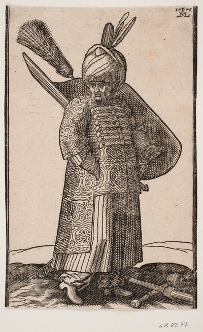 Standing Potbellied Soldier, with Right Hand in Pocket, Facing Right; Two Feathers in Turban; Sword at Left Side, Shield with Feather Plume on Left Arm; Club and Lance Crossed on the Ground in Front of Him by Melchior Lorck