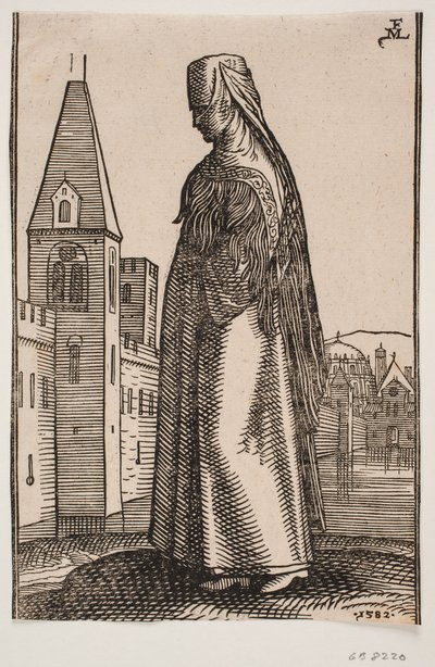 Veiled Woman Walking, Profile to the Left; In Front of Her a City Wall with Towers Rises from the Water by Melchior Lorck