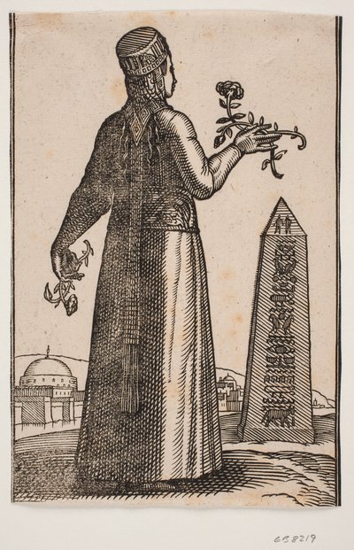 Unveiled Woman Seen From Behind; Holding a Blooming Rose Branch in Each Hand by Melchior Lorck