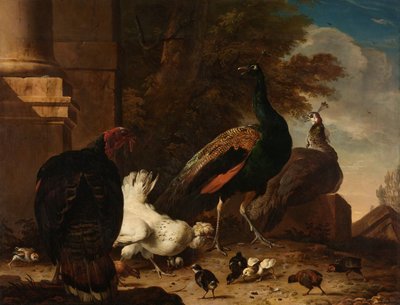 A Hen with Peacocks and a Turkey by Melchior d