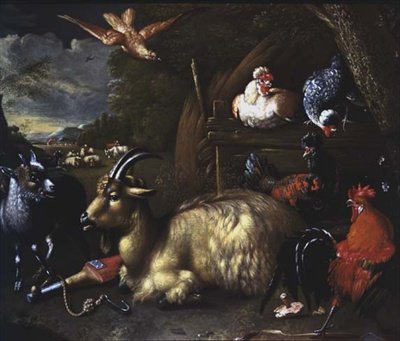 Goat with Other Animals and Birds in a Landscape by Melchior de (school of) Hondecoeter