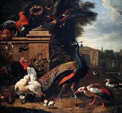 A Peacock, a Hawk and Various Fowl and Ducks in a Park by Melchior de Hondecoeter