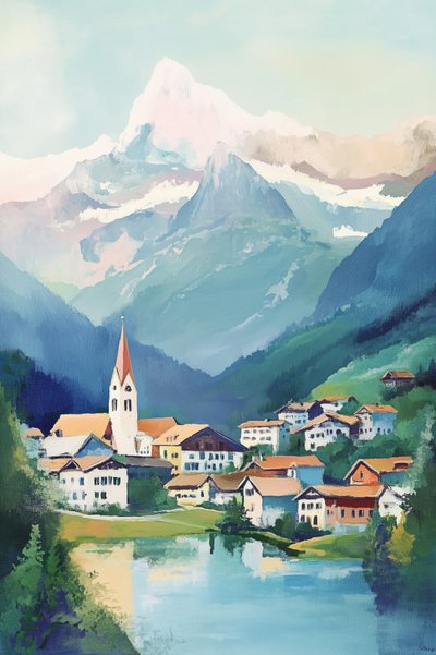 Alpine Village Lakeside by Melloi Art Prints