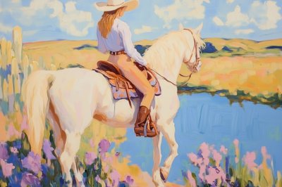 Cowgirl On White Horse by Melloi Art Prints