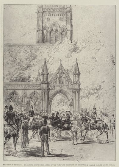 The Queen at Kensington, Her Majesty Receiving the Address of the Vestry and Inhabitants of Kensington in Front of St Mary Abbotts Church by Melton Prior