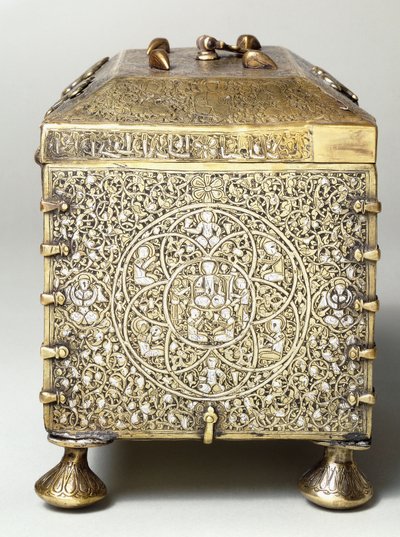 A Mesopotamian silver inlaid brass casket with dials for a combination lock (side view) by Mesopotamian