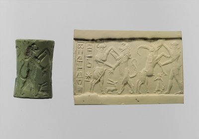 Cylinder seal of combat with modern impression c.2250-2150 B.C. by Mesopotamian Mesopotamian