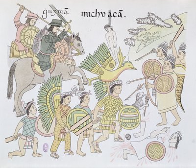 Battle of Michoacan between the Spanish and the Aztecs, illustration from a facsimile of a Mexican Indian picture history Lienzo de Tlaxcala of c.1550, 1892 by Mexican School