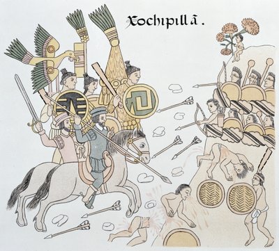 Battle of Xochipilla between the Spanish and the Aztecs, Illustration from a Facsimile of a Mexican Indian Picture History Lienzo de Tlaxcala of c.1550, 1892 by Mexican School
