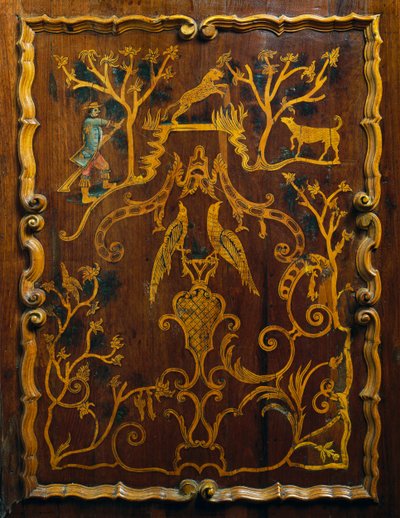 Rococo style wood linen cupboard with polychrome inlays and base by Mexican School