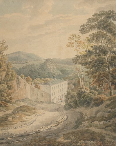 Landscape, Looking Downhill to a Village Dominated by a Large Three-Storied Stone House by Michael Angelo Rooker