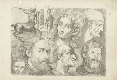 Study Sheet with Drawing Examples: Centaur, Standing Figure and Heads by Michael Snijders