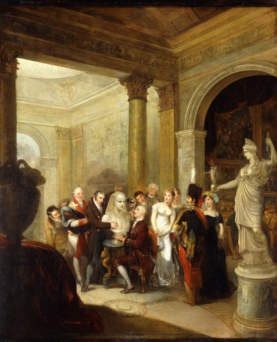 A Capriccio Interior with a Group of Ladies and Gentlemen Examining a Bust of Antinous, with the Hope Athene and a Picture Gallery Beyond to the Right; a Domed Salon to the Left by Michael William Sharp