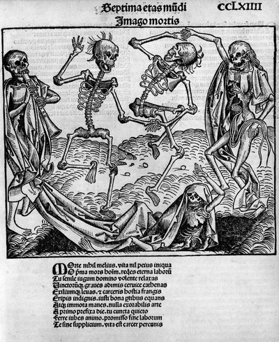 Macabre dance scene, with skeletons, -in 
