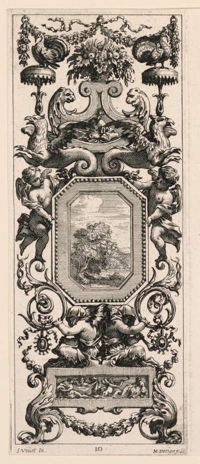 Ornamental Panel Surmounted by a Basket of Flowers and a Garland, plate 10 from the Book of Various Grotesques Painted in the Cabinet and Baths of the Queen Regent, at the Royal Palace by Michel Dorigny