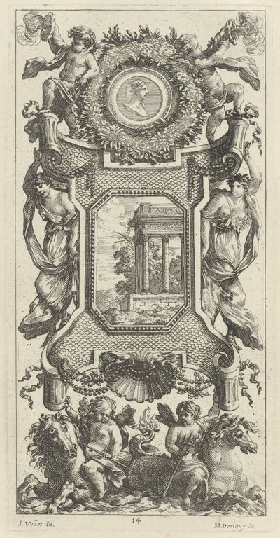 Ornamental Panel Surmounted by a Bust of a Woman and Two Putti with Flaming Trumpets by Michel Dorigny, after Simon Vouet