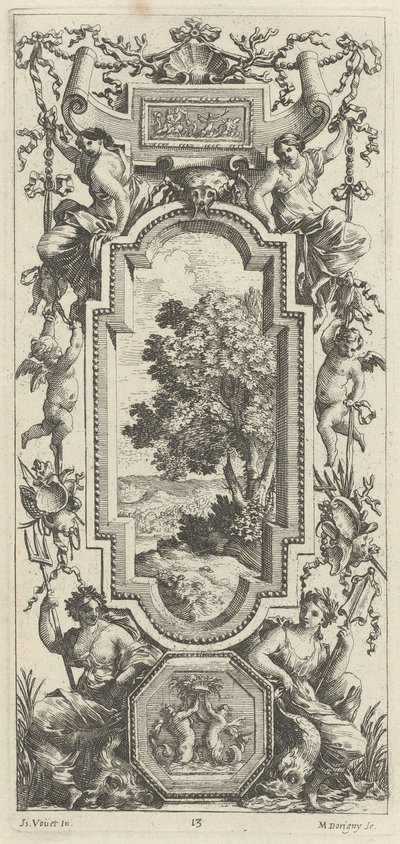 Ornamental Panel Surmounted by a Maritime Scene and a Shell by Michel Dorigny, after Simon Vouet