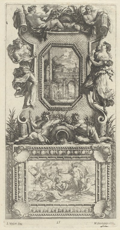 Ornamental Panel Surmounted by a Naiad and a River God by Michel Dorigny, after Simon Vouet