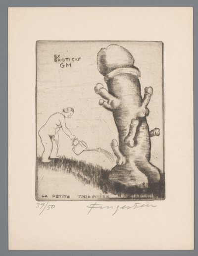Ex Libris of Gianni Mantero Ex eroticis GM La petite jardinière by Michel Fingesten (signed by artist)
