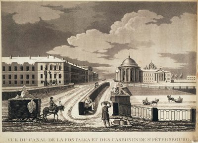 View of Izmailovsky Bridge and Barracks across the Fontanka River, late 18th century by Michel François Damame Demartrais