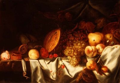 A Melon, Grapes and Other Fruit with a Rose, a Nautilus Cup and a Verge Watch on a Draped Ledge by Michiel (follower of) Simons