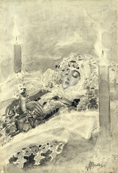 Tamara in the coffin. Illustration to the poem The Demon by Mikhail Lermontov by Mikhail Aleksandrovich Vrubel