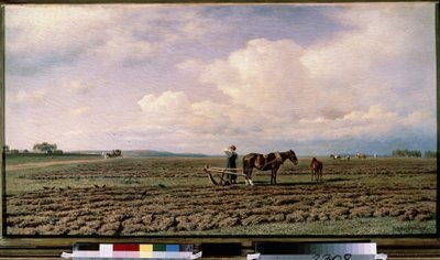 At the Field. Description of a landscape of plowed lands, with peasants and their horse-drawn plows, in the distance a carriage advances on a dirt road. Painting by Mikhail Konstantinovich Klodt by Mikhail Konstantinovich Klodt