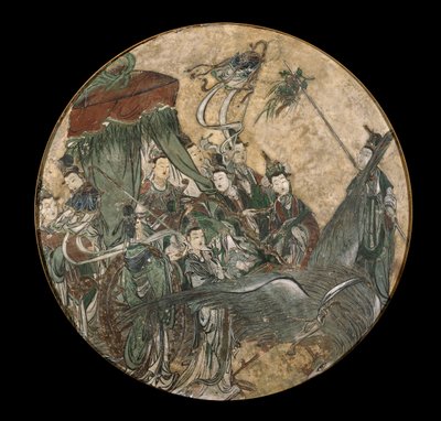 A Polychrome Fresco Depicting a Female Dignitary holding a Ruyi Sceptre while Seated in a Phoenix Drawn Chariot by Ming Dynasty Chinese School