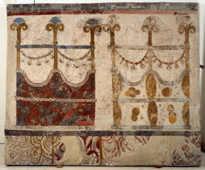 Minoan civilization: representation of two portals (Ikria). Fresco from the lustral basin of the Xeste 3 building of Akrotiri (Thera), Santorini by Minoan