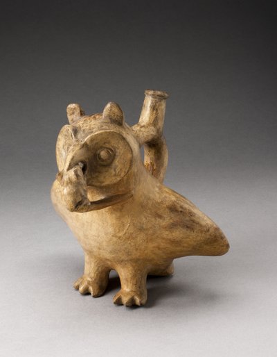 Handle Spout Vessel in Form of an Owl Eating a Mouse by Moche